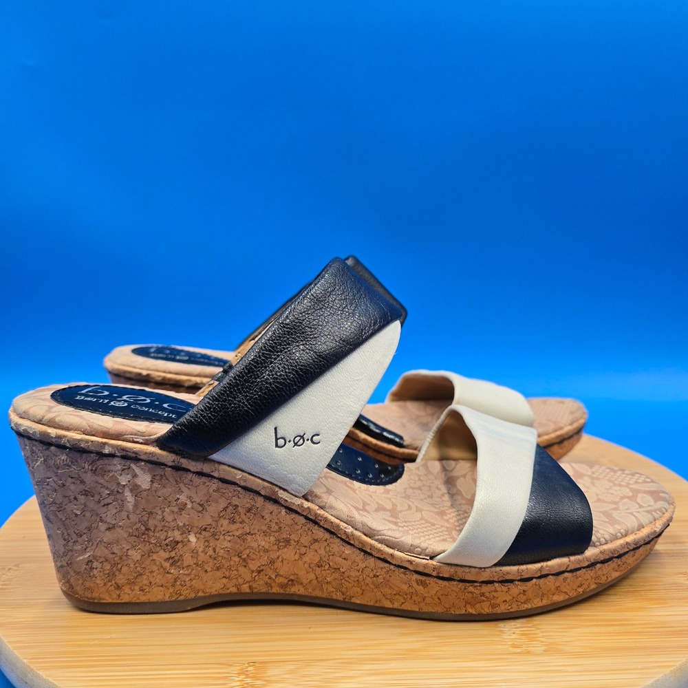 B.O.C. Born Concept Leather Wedge Sandals Black Cream Cork Size 9 C57011
